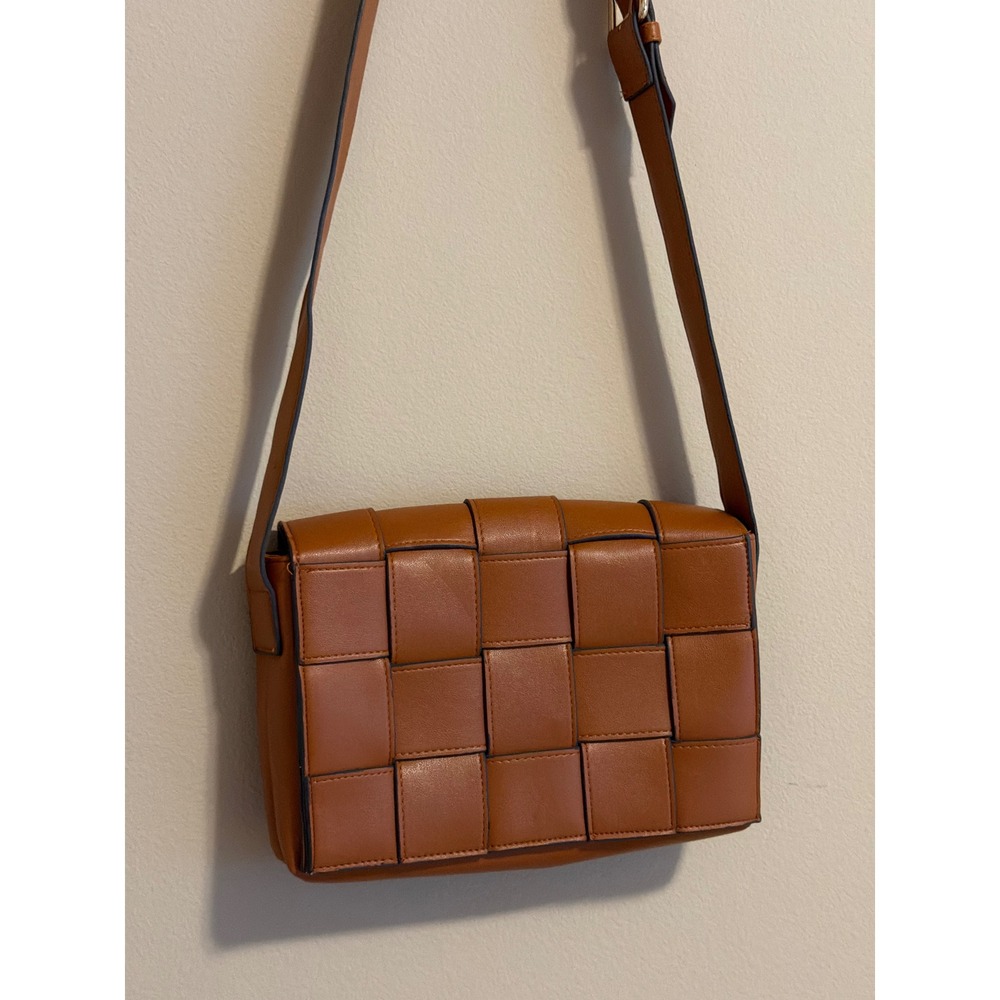 Squared Woven Cassette Crossbody Bag Cognac Brown Faux Leather